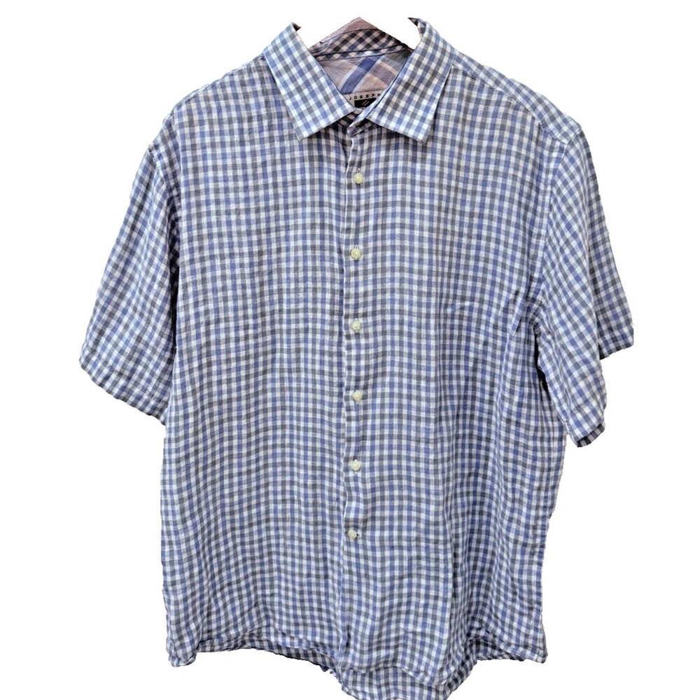 Joseph Abboud Blue Gray Gingham Check Linen Short Sleeve Button-up Shirt Mens XL